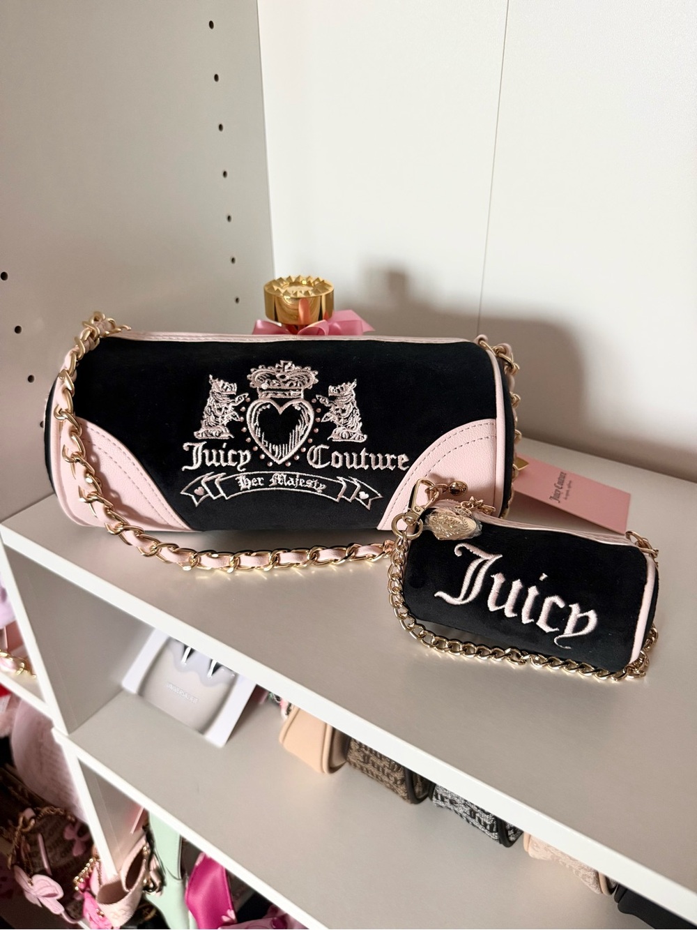 Juicy Couture “Heritage” Black and Light Pink Chain Shoulder Bag with Coin Pouch